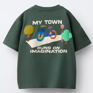 Zara Forest Green Kids Tee with Bicycle Graphic